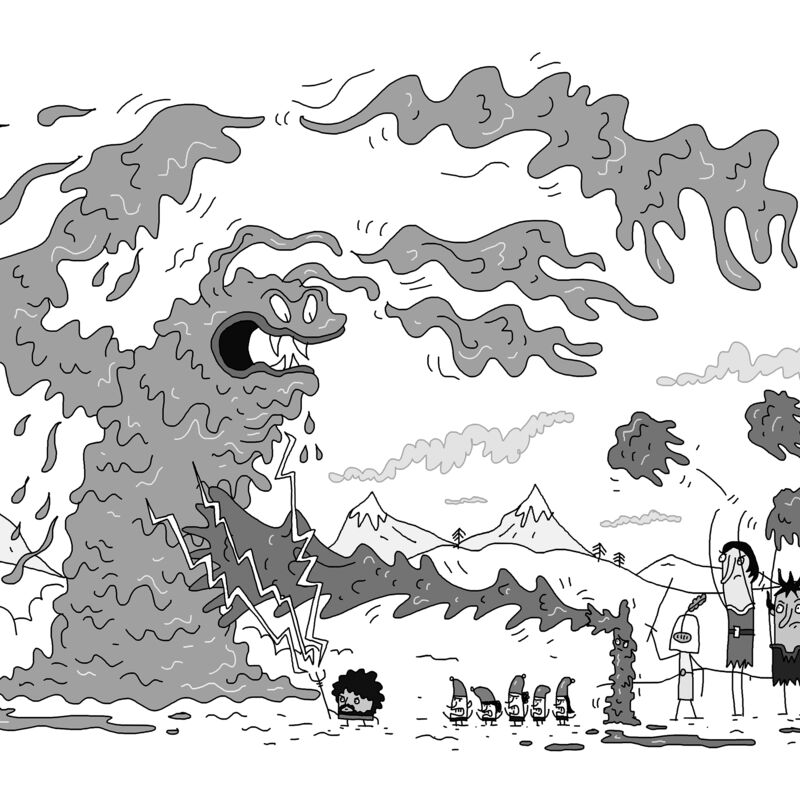 A black and white illustration of stick figure humans fighting a big monster.