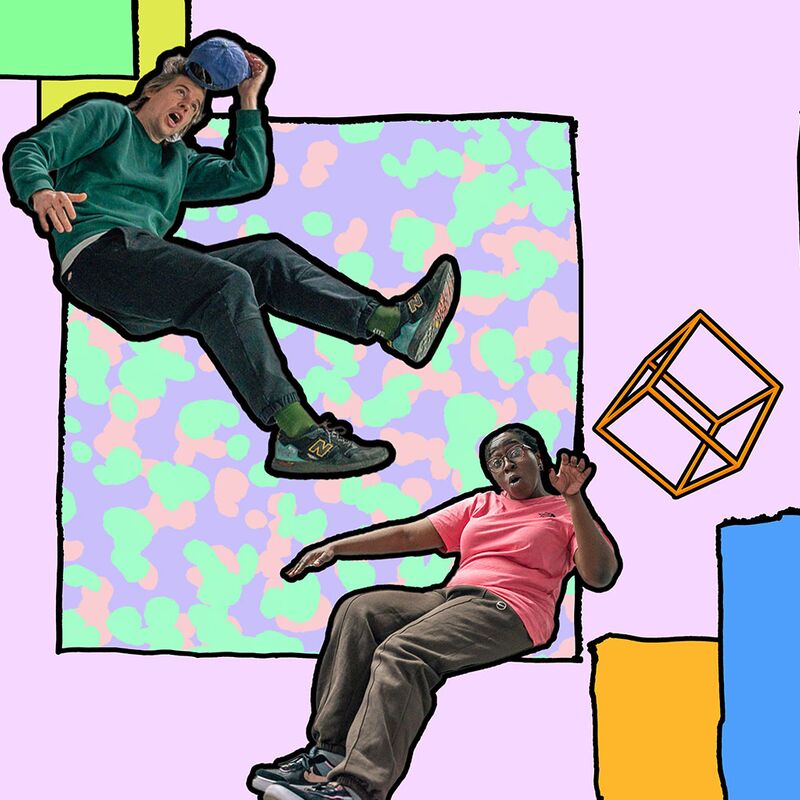 Two performers appear to be falling through the air against an illustrated back drop.
