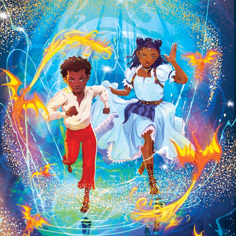 Illustration of two characters running through a mystical backdrop.