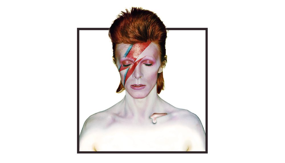 David Bowie cover image of Aladdin Sane with a black box design