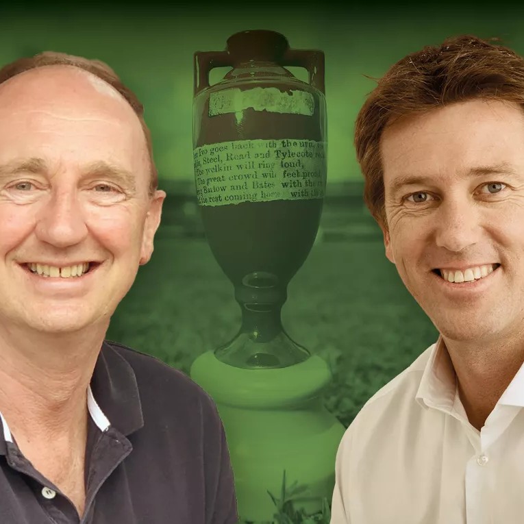 The voices of cricket, Jonathan ‘Aggers’ Agnew and Glenn McGrath, next to a backdrop showing a trophy