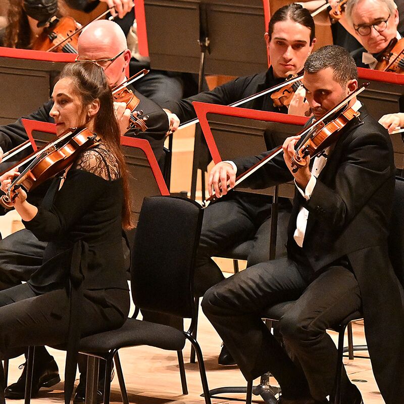 The Philharmonia's second violin section on stage at the Royal Festival Hall