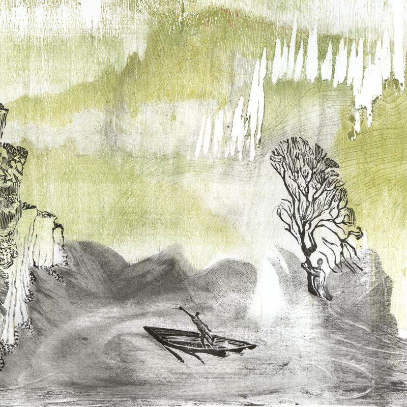 A ghostly watercolour shows a lone fisher drifting in water in a rowboat, surrounded by crags and silhouettes of trees.