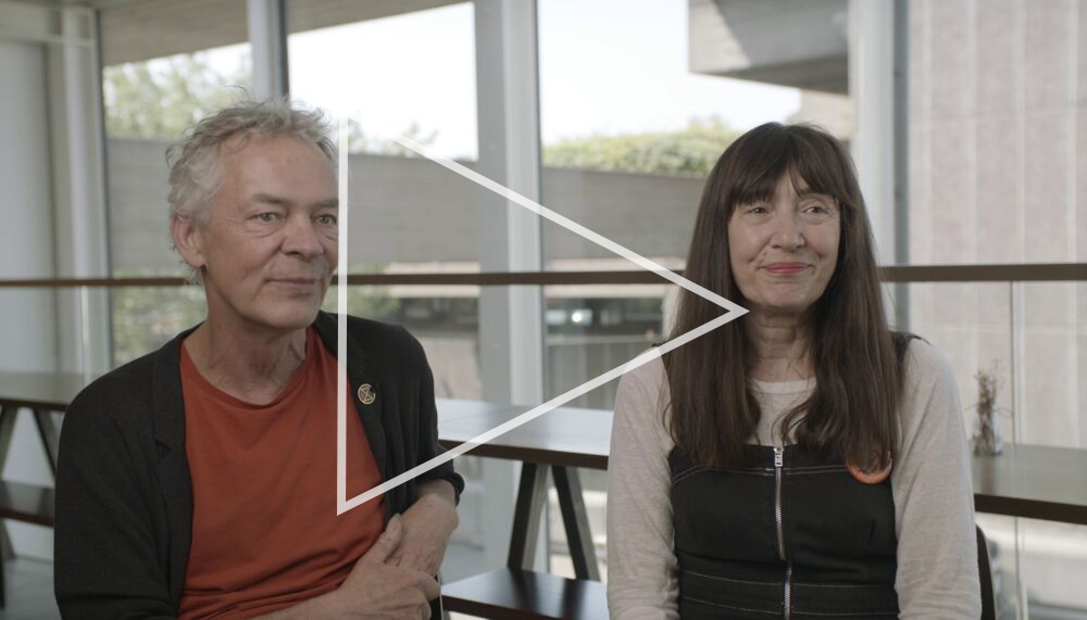 Artists Heather Ackroyd and Dan Harvey sit in the café at the Hayward Gallery