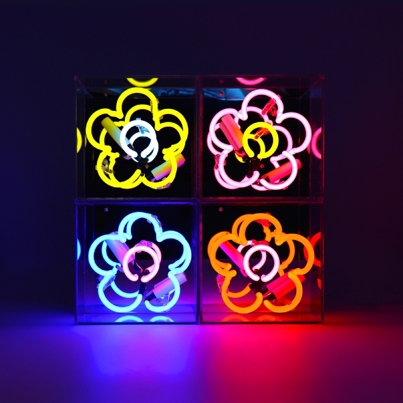 A group shot of flower-shaped neon lights
