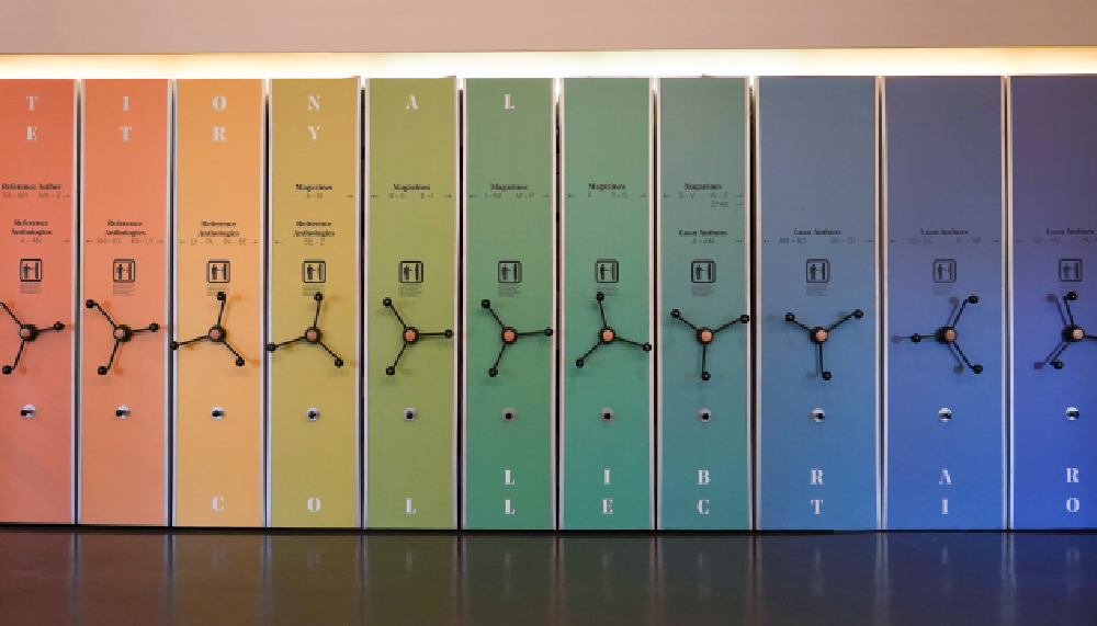 A row of colourful lockers in rainbow order