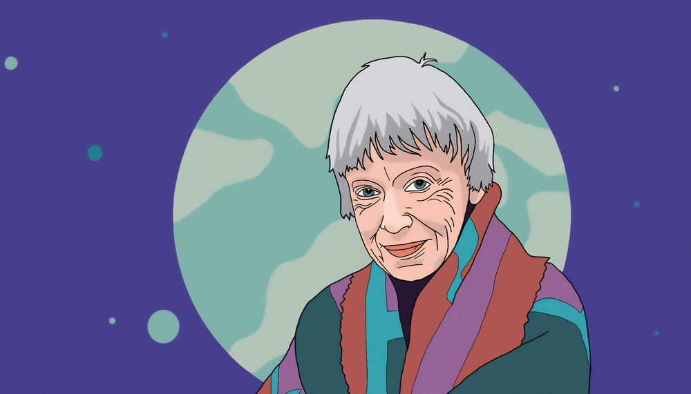 Illustration of Ursula K Le Guin in front of the moon and night sky wearing a colourful shawl
