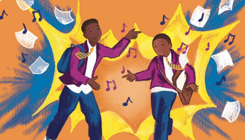 Illustration of two school boys surrounded by musical notes and a comic book-style explosion.