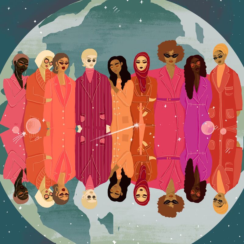 Illustration of a group of 9 women wearing pink coats standing in front of a globe