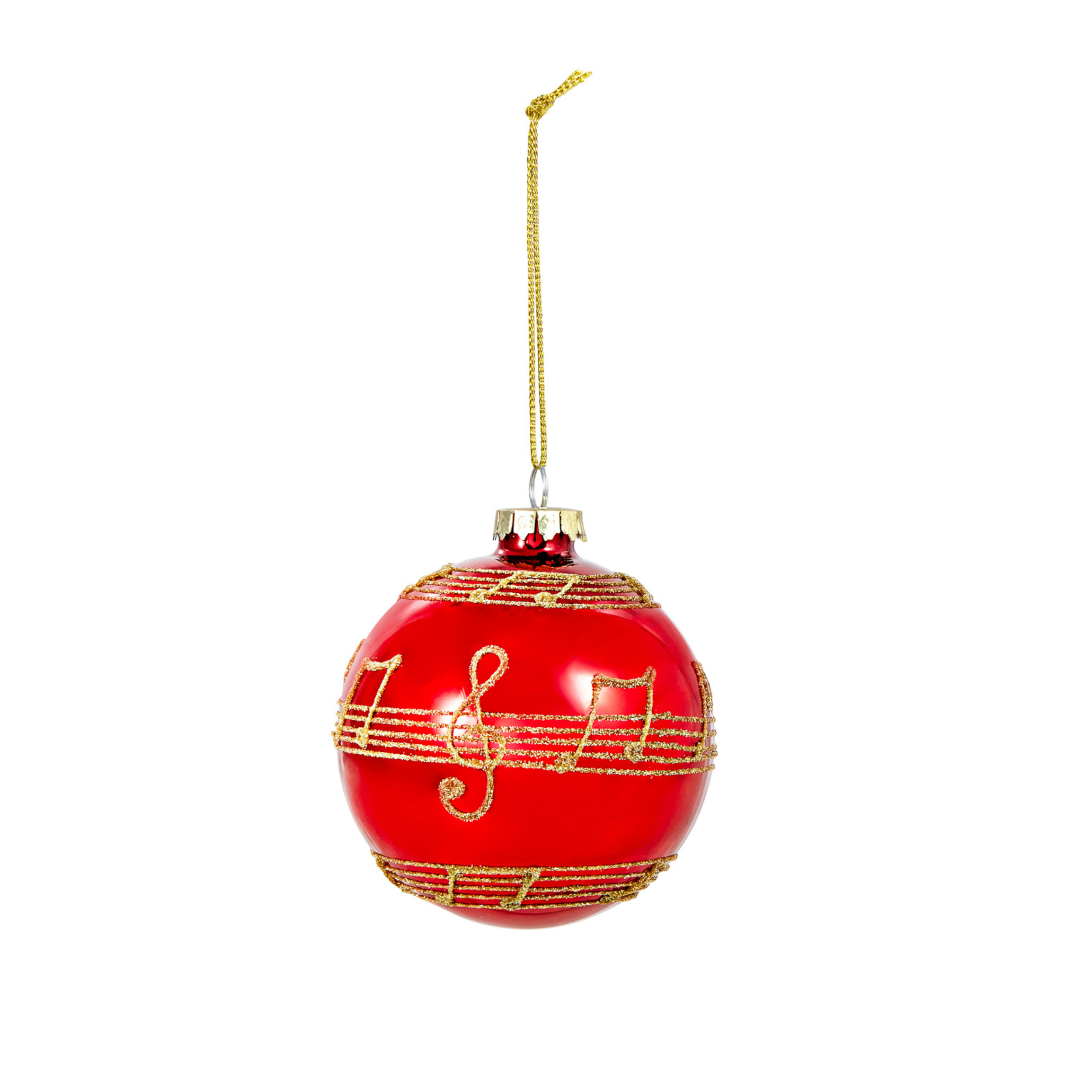 A red bauble with golden details and notes.