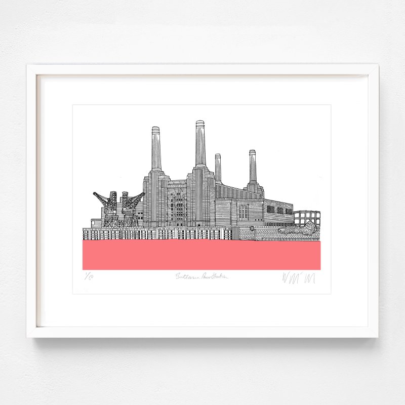 A black and white print of the Battersea Power Station