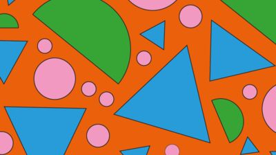 Different sized pink circles, green semi-circles and blue triangles on an orange background