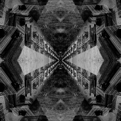 Greyscale image of kaleidoscope view of a urban area