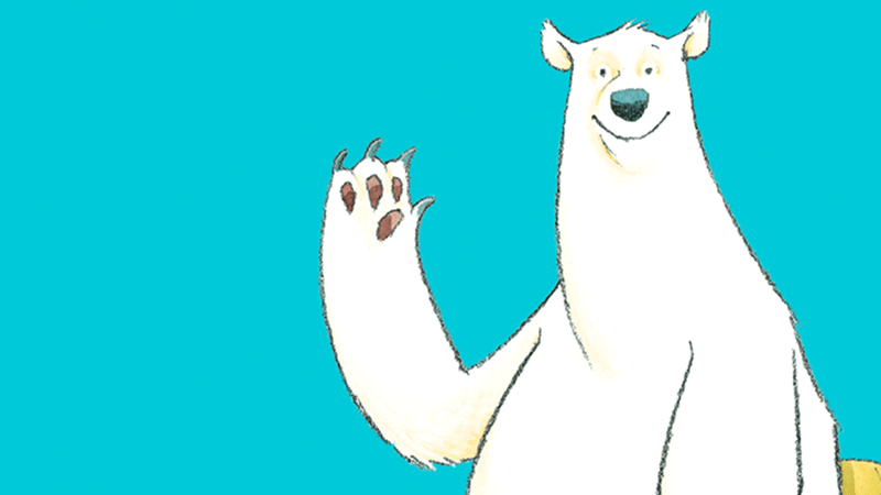 Illustration of a white polar bear sitting on a small yellow chair waving it's paw. A tiny grey mouse points at the bear.