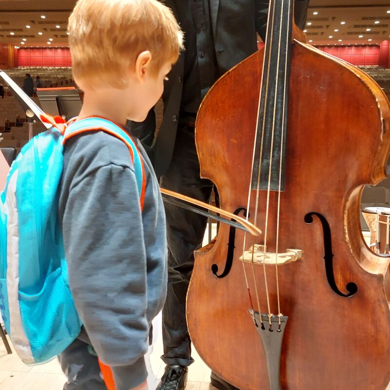 Child next to a Double bass