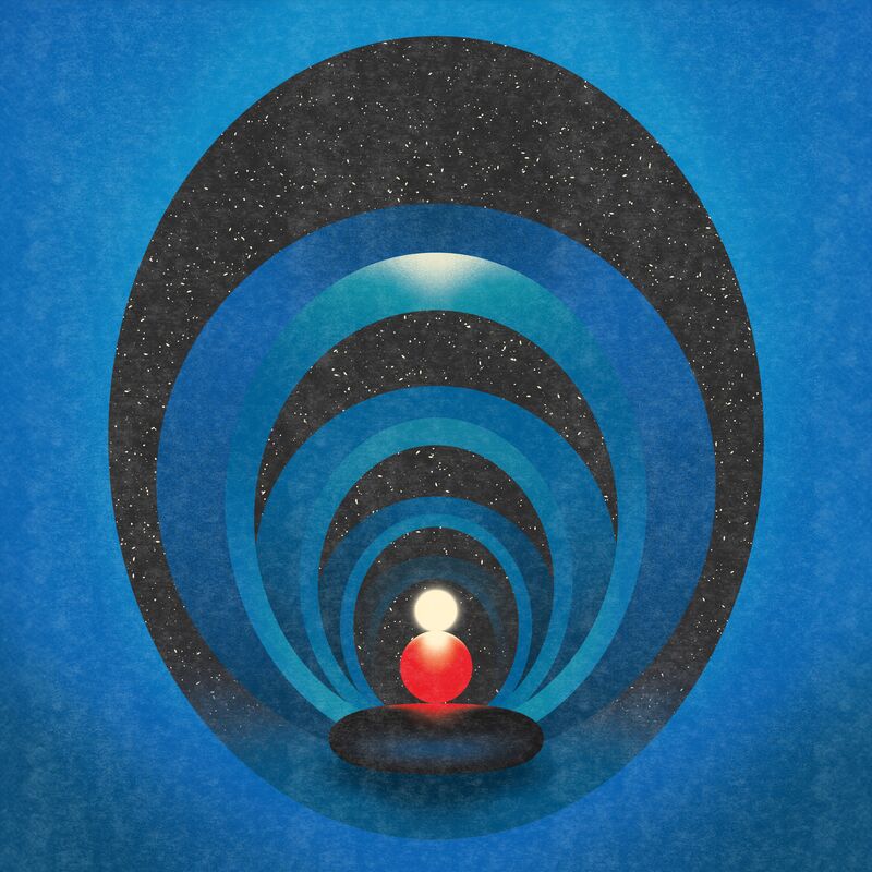 An illustration of a white and red light in space with a spiral-like background in blue and black