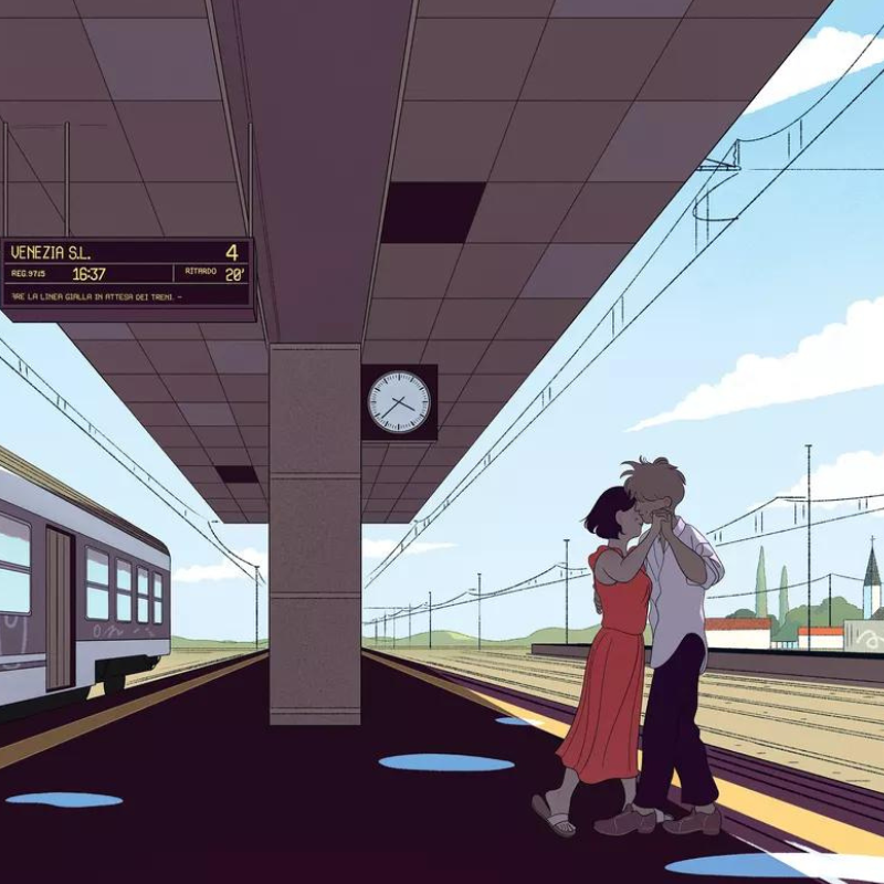 Artwork of a train station platform, a couple dance holding hands on the platform while the train conductor stands in the open train doorway smoking and watching.