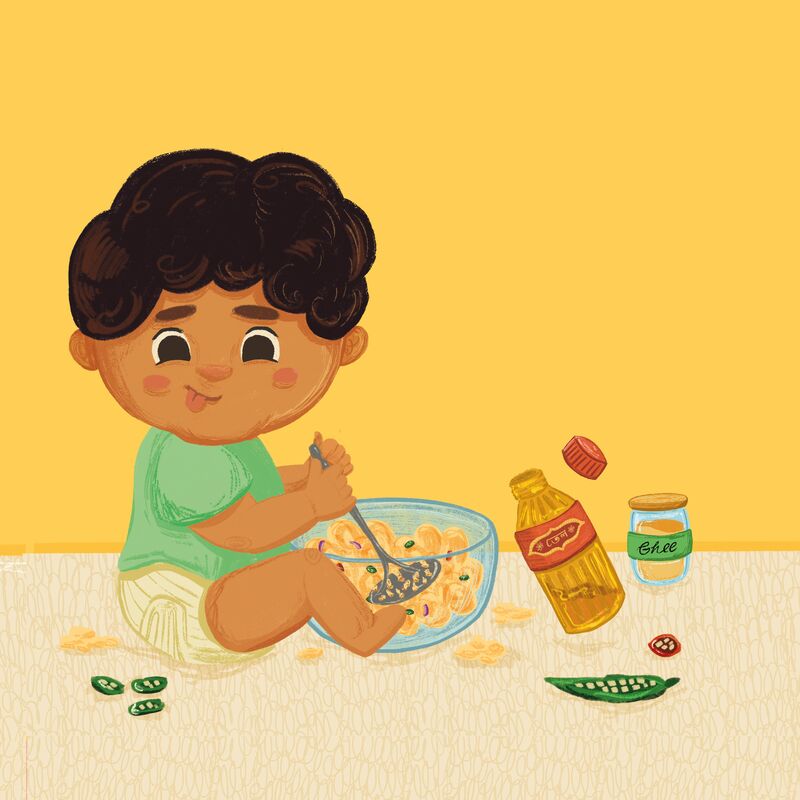 An illustration of a baby mixing a bowl of bhorta - a popular Bengali potato dish