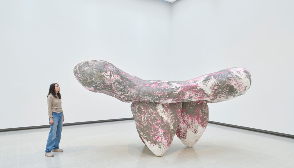 Woman looking at a huge grey, pink and white sculpture