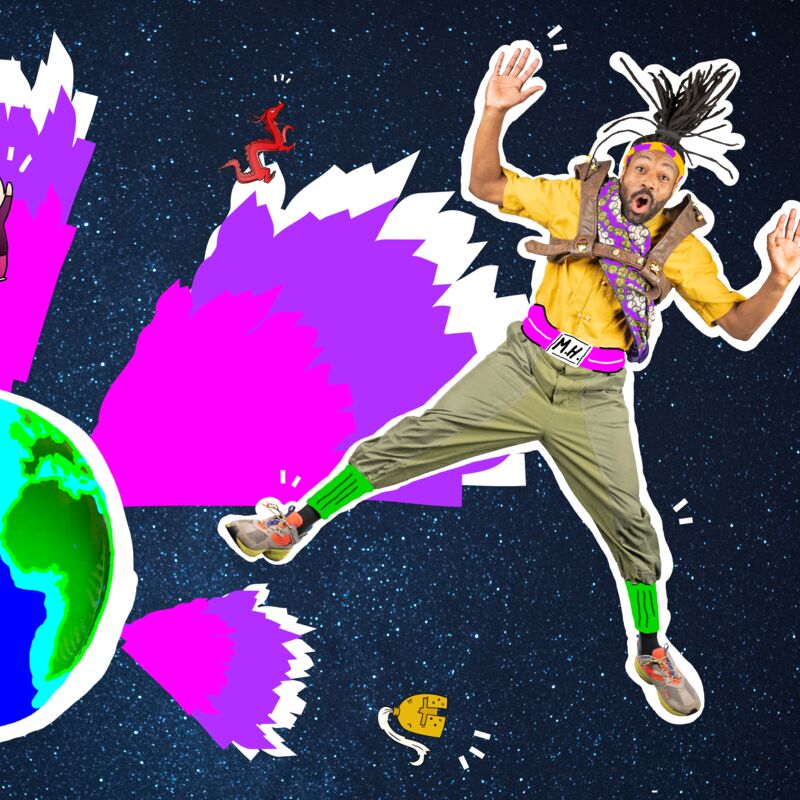 Person flying through space above the earth, with cartoon style drawings of a wizards hat, sword, helmet and dragon around them.