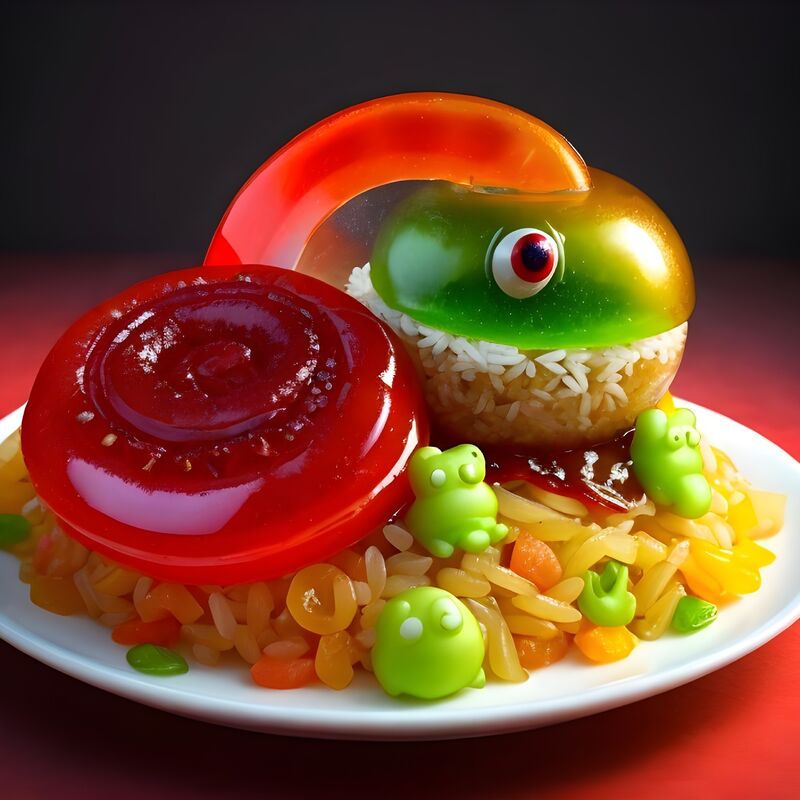Plate with rice, burger patty and frogs made out of jelly