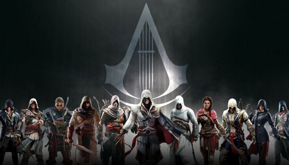 Assassin's Creed fame characters stand in a line against a dark grey background.