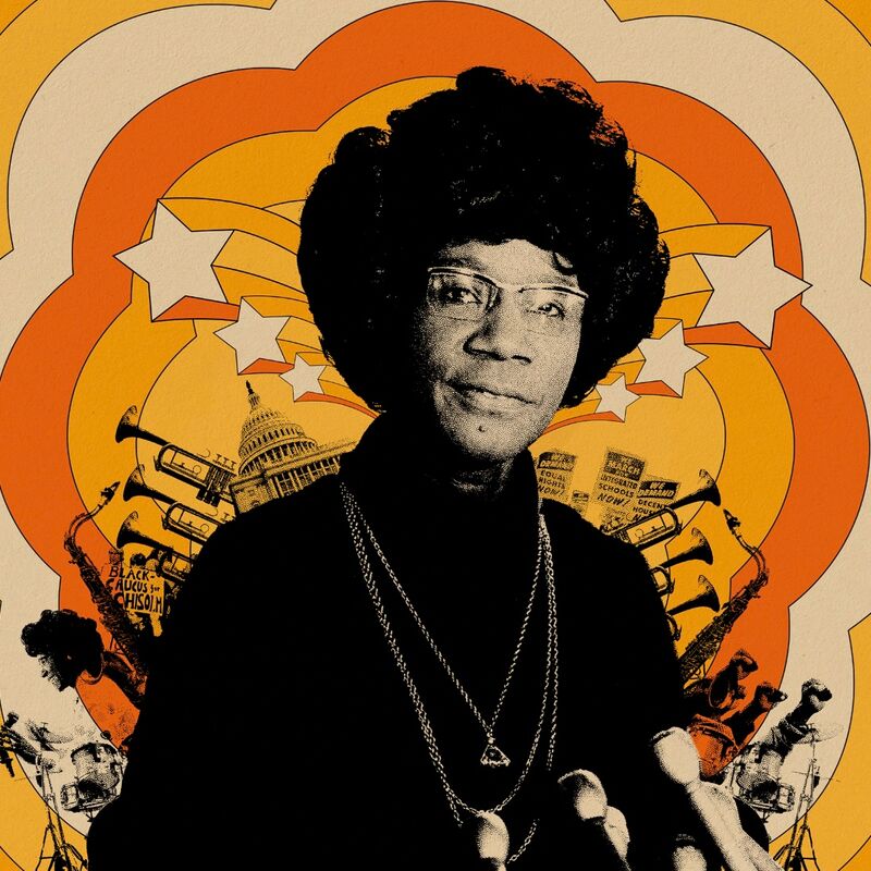 A black and white image of Shirley Chisholm set against an orange and yellow backdrop
