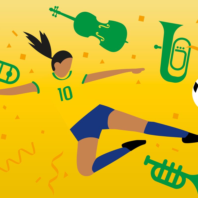 illustration of a female footballer wearing yellow and green kicking a football. She is surrounded by green cartoon classical instruments.