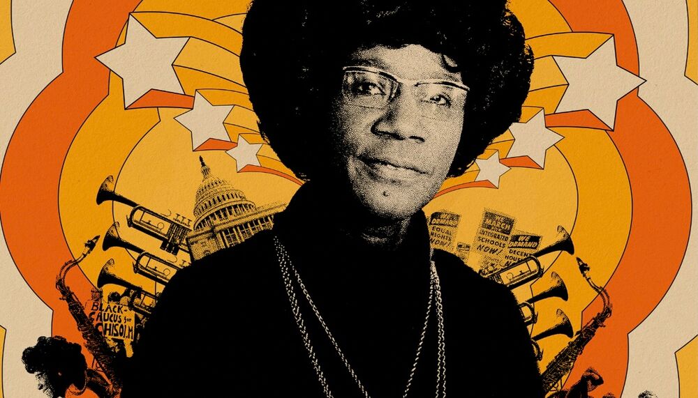 A black & white image of Shirley Chisholm against an orange backdrop