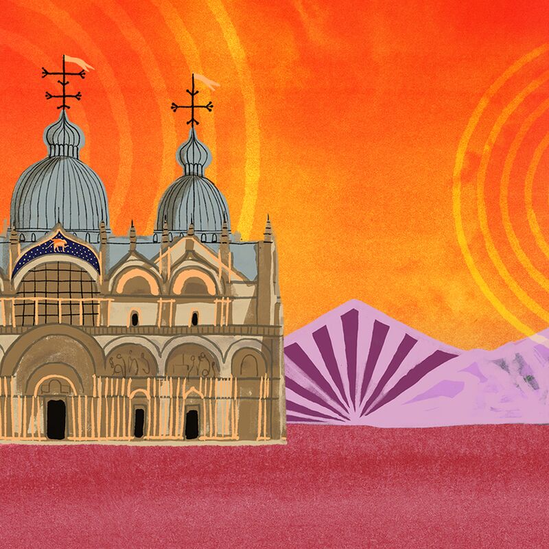 Artwork of a large church and a conductor on a hill
