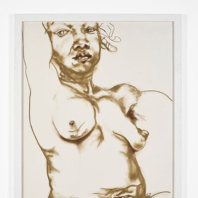 A sketch of the torso and face of a naked woman
