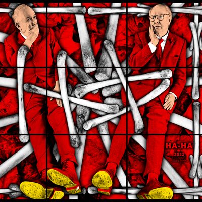 An artwork featuring two men in red suits sitting amid a pattern of white wishbones on a red and black background. The men are posing thoughtfully, each with a hand on their face.