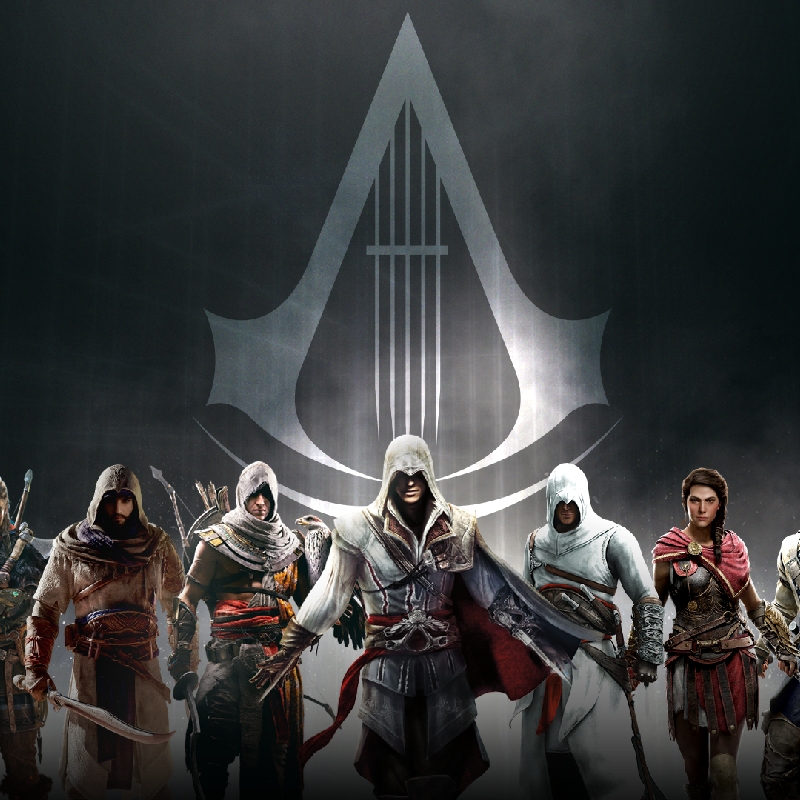 Assassin's Creed game characters stand in a line against a dark grey background
