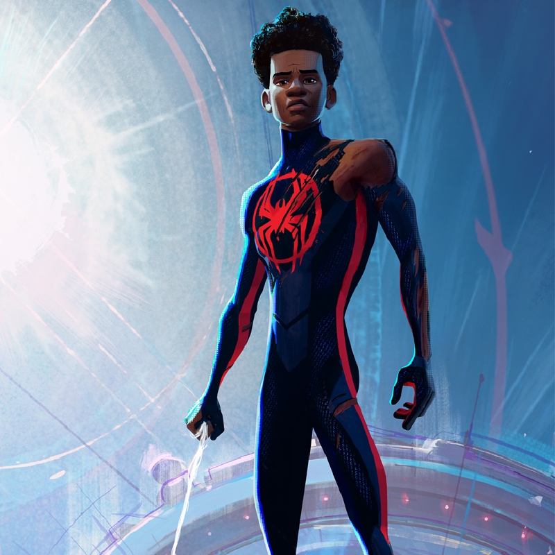 An illustration of Spider-Man standing in front of a glowing blue background in a shredded suit