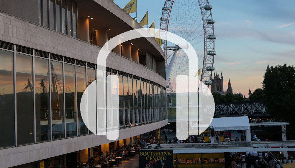 A headphones icon superimposed over an image of the Southbank Centre at sunset