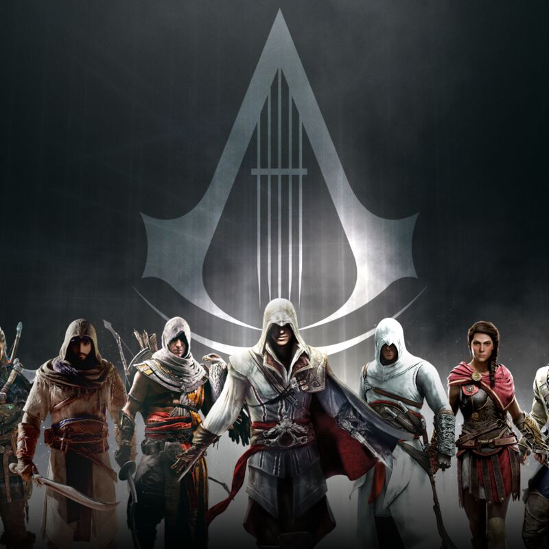 Assassin's Creed game characters stand in a line against a dark grey background