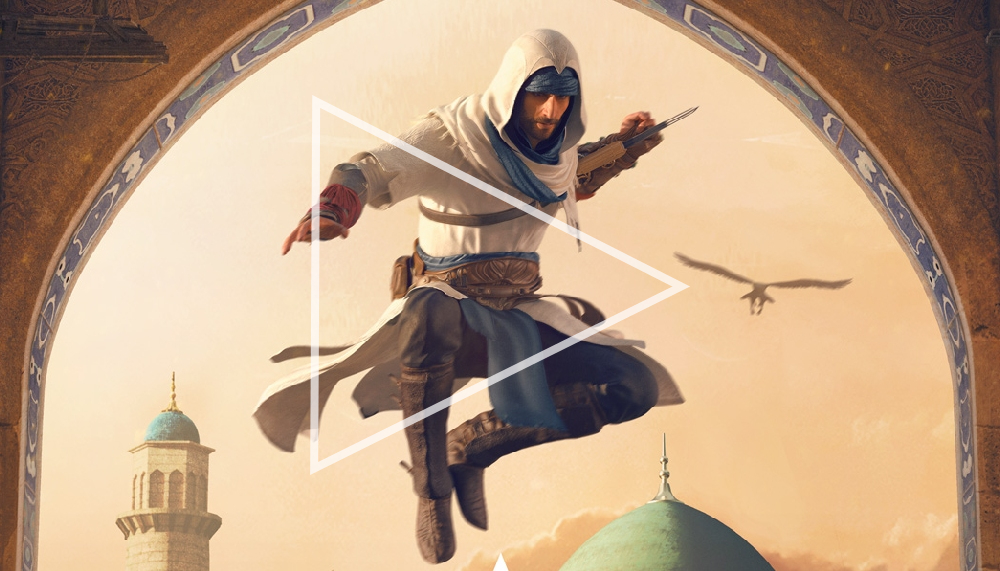 A character from Assassin's Creed jumping through a vaulted door