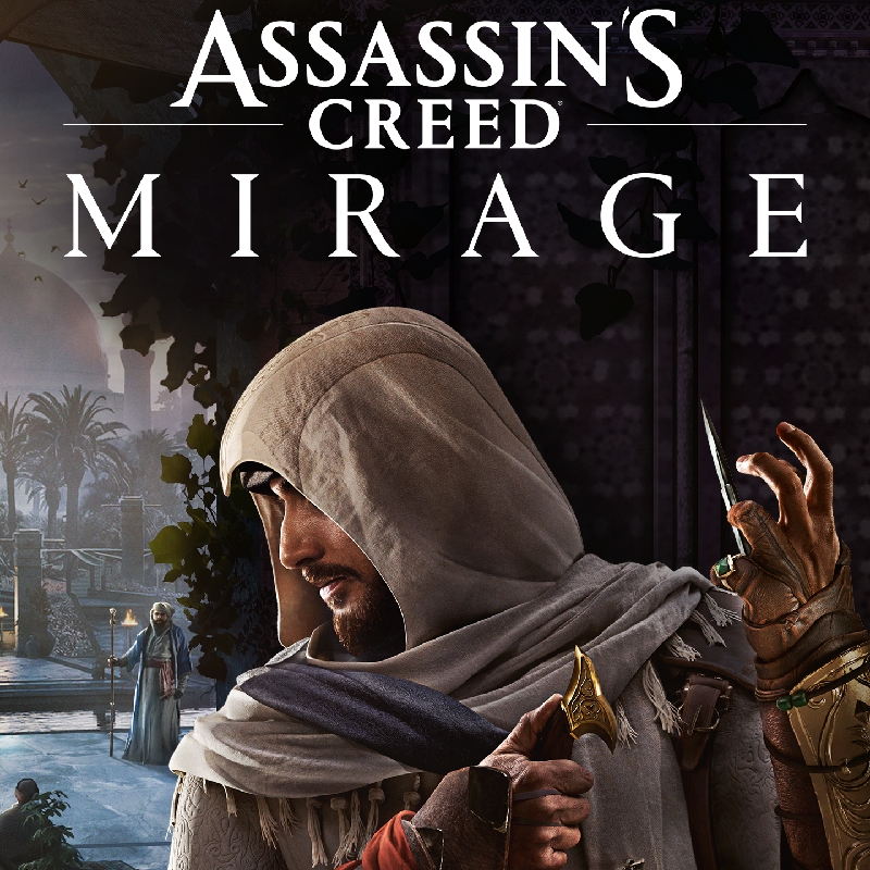 An Assassin's Creed character hjides in the foreground under the superimposed words 'Assassin's Creed Mirage'