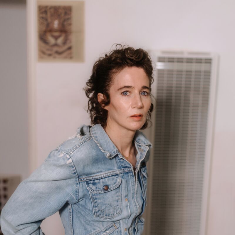 Author Miranda July wearing a denim jacket