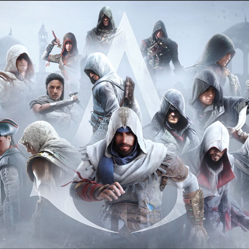 Assassin's Creed characters pose together against a white background