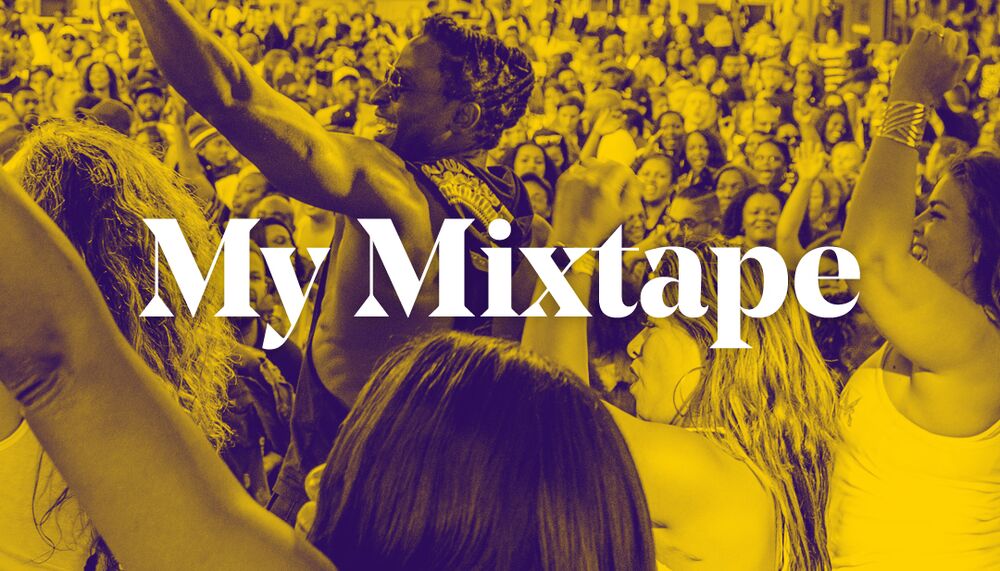 Dancers on a stage adorned with Caribbean flags are watched by a large audience on the Southbank Centre Riverside Terrace. On top of this image are the words 'My Mixtape'