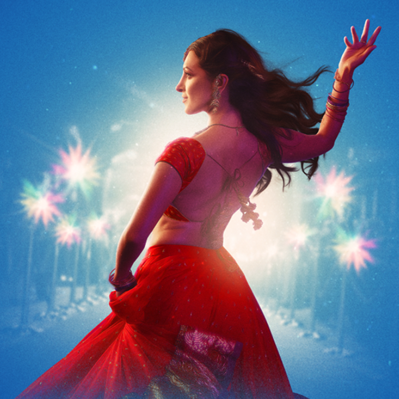 An animated image of a woman dancing in a red dress against a lit up blue background