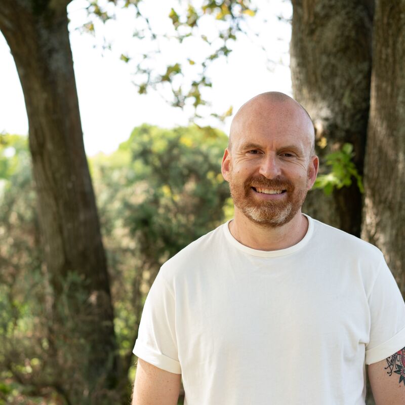 Matt Haig wearing a white t shirt in a wood