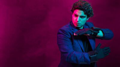 Zubin Kanga using electronic gloves to make musical sounds