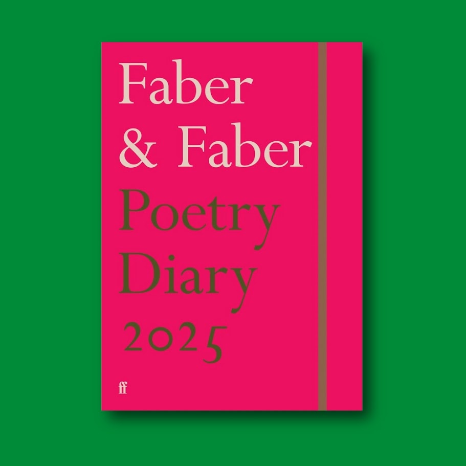 Bright pink Faber & Faber poetry diary 2025 on a green background.