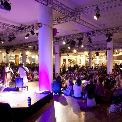 Audience sat on the floor in the Clore Ballroom