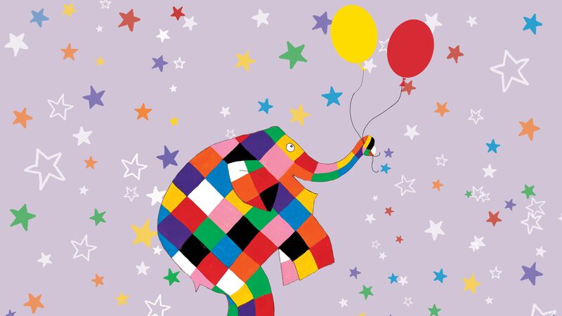 Cartoon of Elmer the Elephant holding a pair of balloons with their trunk.