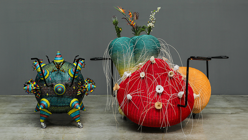 Photo illustrating two wicker sculptures by Haegue Yang