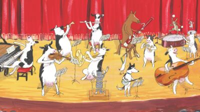 Drawing of farm animals playing instruments on stage