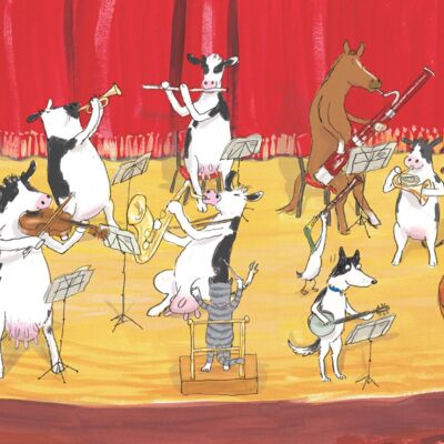 Drawing of farm animals playing instruments on stage